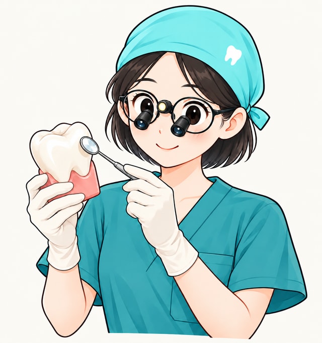 游莹医生佩戴简洁牙科放大镜讲解牙齿模型的个人形象插画